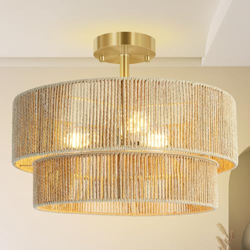 BoostArea 16.54” Boho 2-Tier Rattan Ceiling Light Fixture, Semi Flush