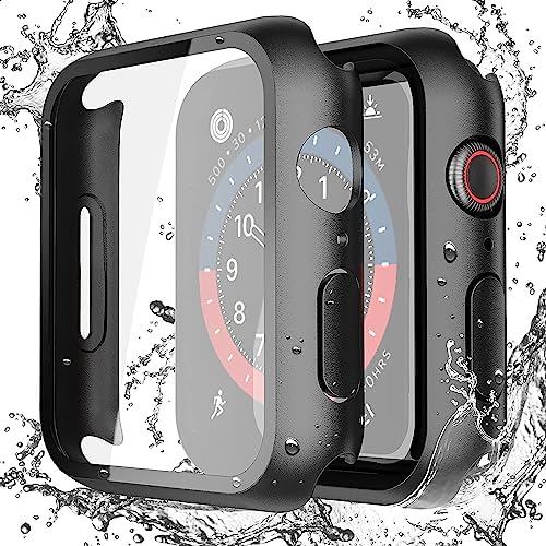Misxi 2-Pack Waterproof Hard Case with Tempered Glass Compatible with Apple Watch SE 3 SE 2 SE Series 6 Series 5 Series 4 40mm, Ultra-Thin Protective Cover for iWatch Screen Protector, Matte Black