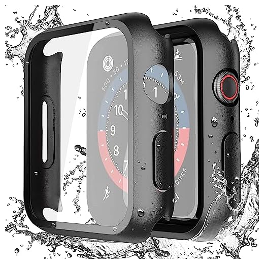 Misxi 2 Pack Black Hard Case with Tempered Glass Compatible with Apple Watch Series 6 SE Series 5 Series 4 44mm, Ultra-Thin Durable Waterproof Protective Cover for iWatch Screen Protector, MFS_BP_44