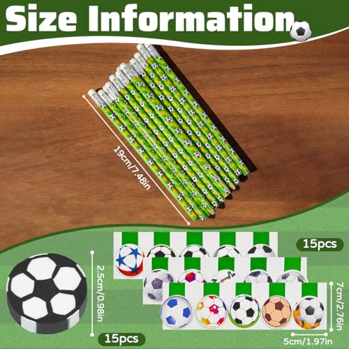 JNEYVIC 15 Stück Fußball Bleistifte Mitgebsel Fussball Stifte mit 15 Fußball Magnetische Lesezeichen und 15 Radiergummi Fussball Bleistift Set für Schule Schreibwaren Gastgeschenke Fußballfan