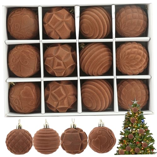 Velvet Christmas Ornaments 12PCS 2.4 Inch Shatterproof Christmas Balls Reusable Flocked Ornaments Hanging Tree for Xmas Tree Holiday Decor (Brown)