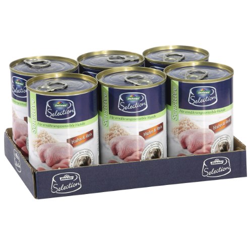 Dehner Premium Hundefutter Sensitive, Nassfutter zuckerfrei / getreidefrei, für ausgewachsene ernährugssensible Hunde, Huhn / Reis, 6 x 400 g Dose (2.4 kg)