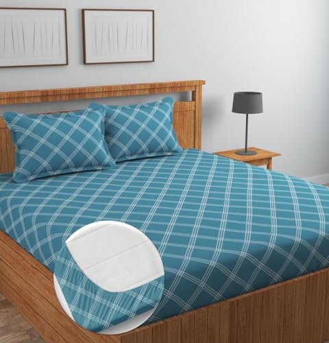 Image of NHD HOME Pure Cotton All Round Elastic Fitted Floral Bedsheets For Double Bed With 2 King Size Pillow Covers 220 TC Supersoft |Wrinkel Free Bed Cover Size - 72X78+10 Inches, Teal