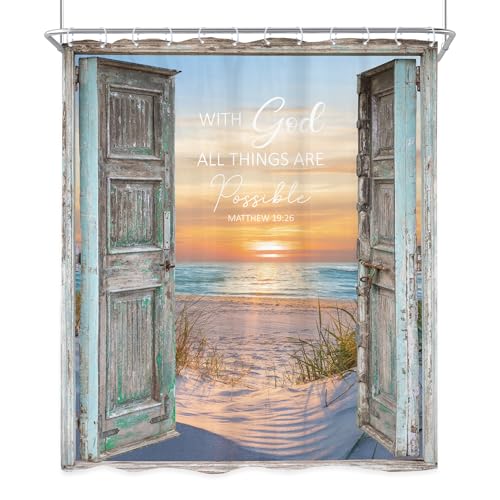 Riyidecor Beach Bible Verse Shower Curtain 60Wx72H Inch Barn Door Christian Coastal Ocean Teal Inspirational Seaside Hawaiian Nautical Rustic Bathroom Decor Fabric Polyester Waterproof 12 Pack Hooks - Image 8
