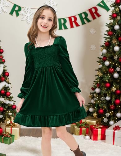 JiAmy Toddler Velvet Dress Girls Puff Long Sleeve Smocked Square Neck Fall Winter Casual Dresses2