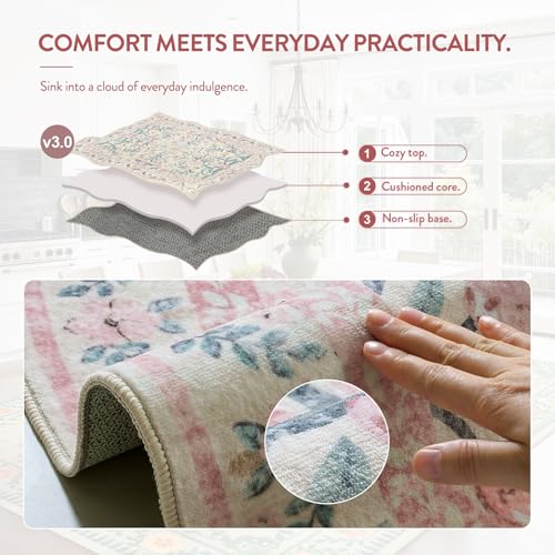 Lahome Large Rugs for Living Room, Boho Machine Washable 8x10 Area Rugs Girls Bedroom Decor, Ultra-Thin Soft Distressed Floral Carpets Non Slip for Office Dining Room, Pink/Multi