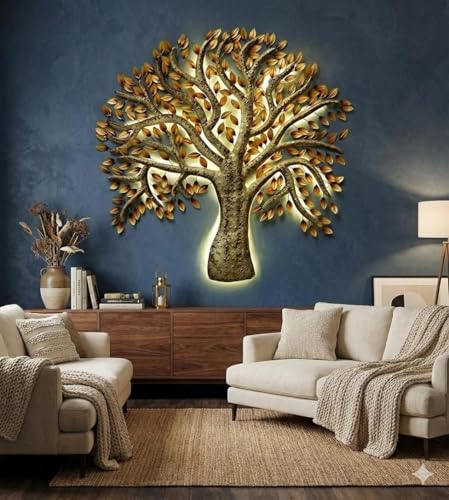 Image of Bharat Art Metal Iron Wall Art Decor for Home Bedroom Living room Cafe Interior Decorative | Elegant Wall Hanging Sculpture with LED Light | Gift Item | Master Tree Small | 36X3X29 INCH | W289