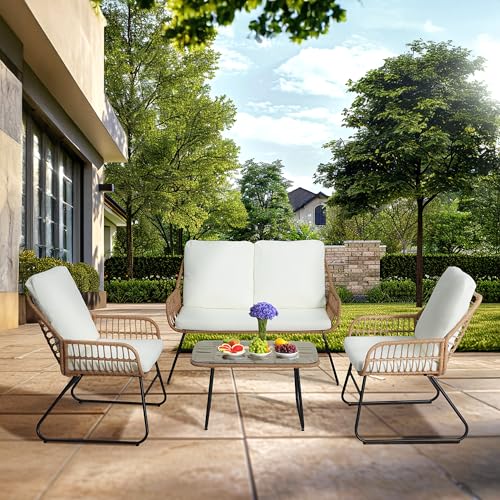 EortheX 4 Pieces Outdoor Patio Furniture Set,Patio Conversation Set,Rattan Wicker Bistro Sets with Loveseat Chairs and Modern Coffee Table for Backyard Deck Balcony and Garden Lounge Spaces - Beige