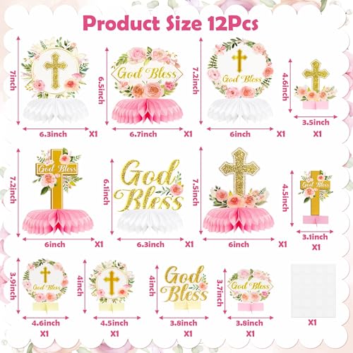 Image of ANGOLIO 12Pcs Floral God Bless Decorations First Communion Honeycomb Centerpiece Double Sided Table Toppers for Baby Girl Baptism Party Decor Christening Celebration Religious Photo Props Decor Girls