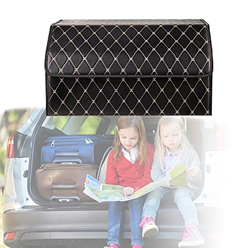 Car Trunk Organizer, Trunk Organizers for Cars, Leather Trunk Organizer with Lid Foldable Car Trunk Storage Box, Portable Car Rear Seat Storage Box (Black-Gold, Large)