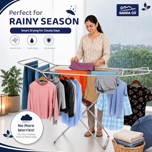 Image of GADDA CO Stainless Steel Foldable Clothes Drying Stand | Double Rack Steel Cloth Dryer Stand for Home & Balcony (Cross Design - 120 x 54 cm)