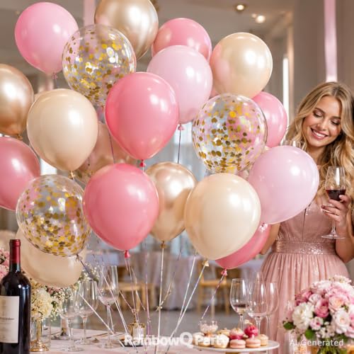 Image of Metallic Pink and Gold Balloons 12 Inch 67PCS Sand White Champagne Confetti Latex Helium Balloons Set for Anniversary Wedding Birthday Party Decorations
