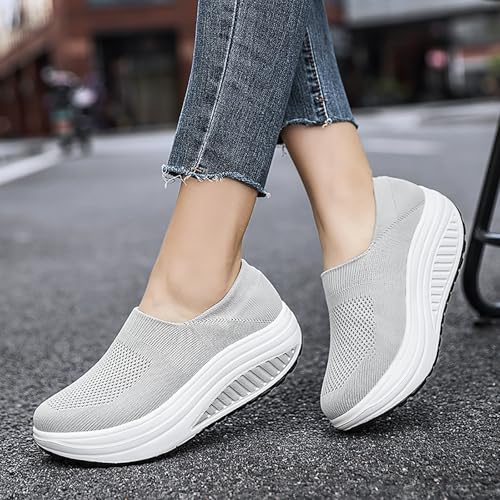 Image of Women's Knitted Platform Slip On Walking Sneakers,Comfort Lightweight Arch Support Non Slip Casual Mesh Breathable Workout Work Shoes