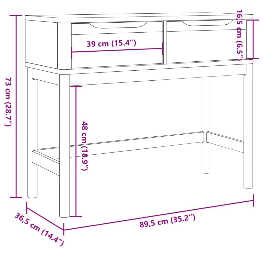 Floro - Tavolo consolle marrone cerato in legno di pino massiccio, 89,5 x 36,5 x 73 cm, con 2 cassetti, tavolino in legno stabile, per soggiorno, corridoio, divano e camera da letto