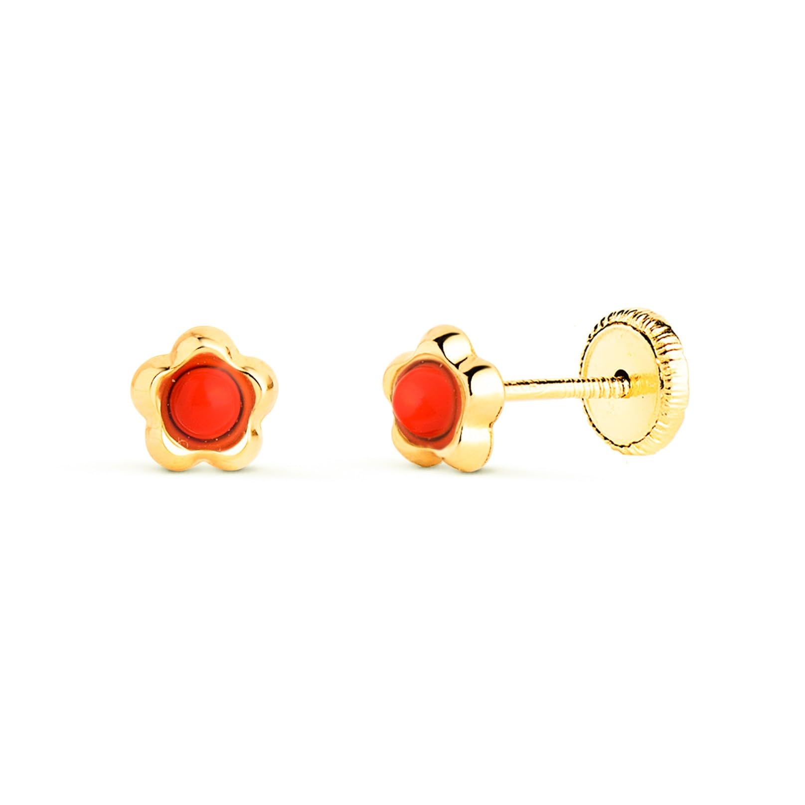 Pendientes de oro 9k de flor con coral de 2.4mm redonda 2