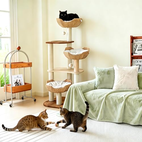Torre para gatos moderna con cesta tejida y postes de sisal miniatura 4