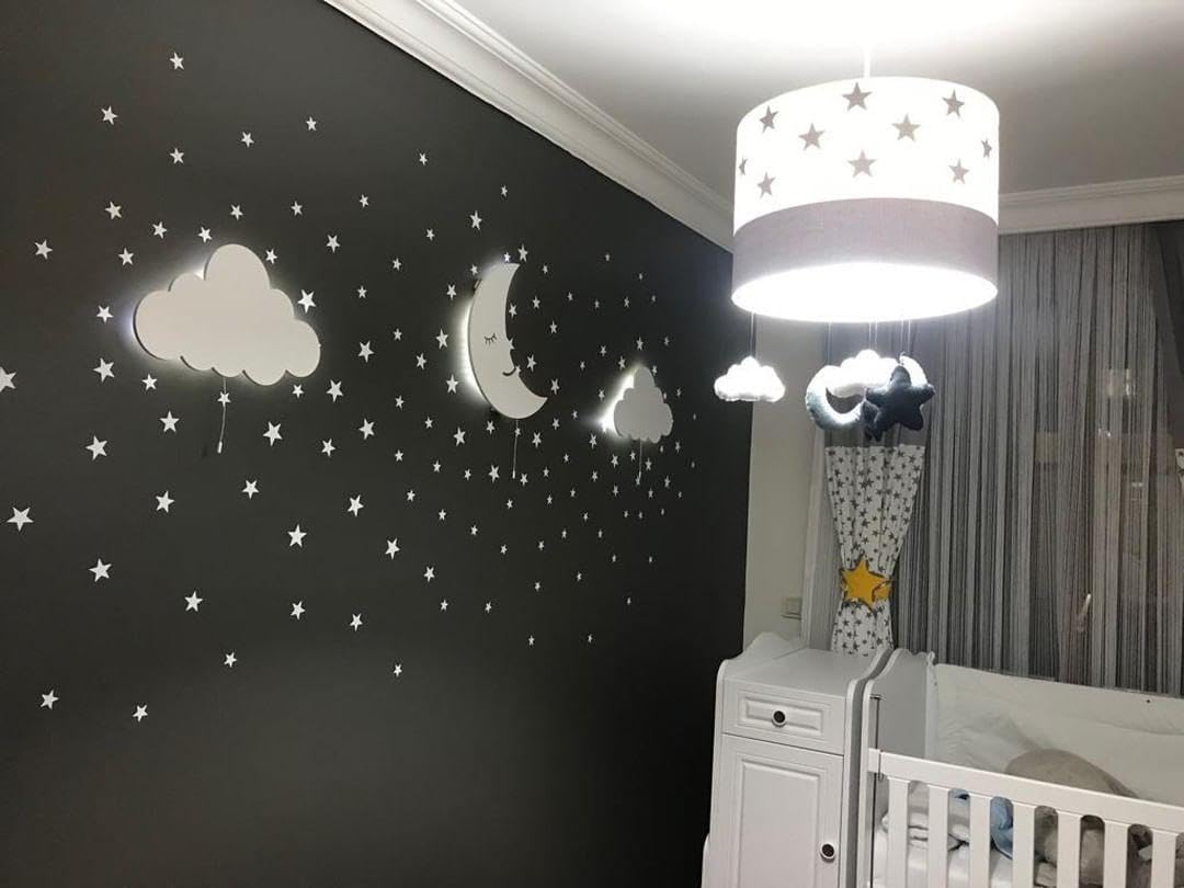 Przedszkole chłopcy pokój dziecięcy dekoracja ścienna zestaw 3 drewnianych lamp ściennych z diodami LED, 100 szt. srebrna gwiazda naklejki ścienne prezent!