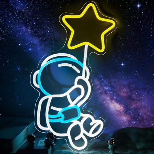 Image of Astronaut Star Neon Sign Spaceman LED Neon Light for Wall Decor Dimmable Astronaut Holding Stars Signs Lights Space Decor for Boys Christmas Gift, Kids, Game Room, Man Cave