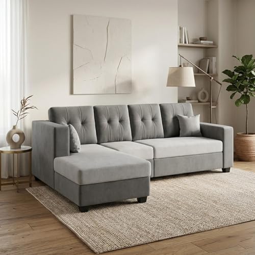 Image of FURNY Nathan 5 Seater L Shape Sofa Set LHS (Light Grey-Dark Grey) | Suede Velvet Finish | Durable Comfort Sofa for Modern Living Room & Office Spaces