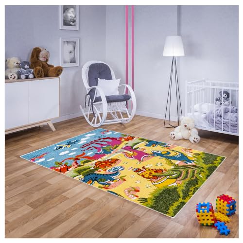 Teppich für Kinderzimmer Bunt Kinderteppich 140 cm x 190 cm Spielteppich mit Dinosaurier Urwelt...