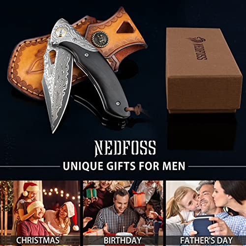 NedFoss GRIFFIN Damascus Pocket Knife for Men, 3.5" Handmade Forged VG10 Damascus Steel Blade Folding Knife with Retro Leather Sheath, Sandalwood Handle, Pocket Clip, Excellent Gifts for Men