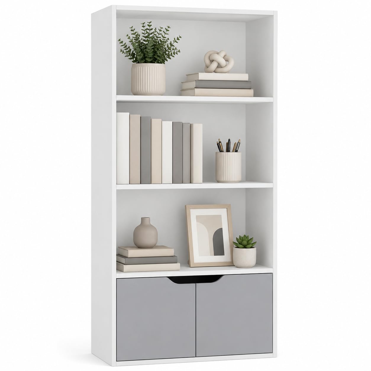 URBNLIVING 4 Tier Wide Wooden Bookcase Cupboard with 2 Doors Storage Shelving Display Shelf Cabinet Unit