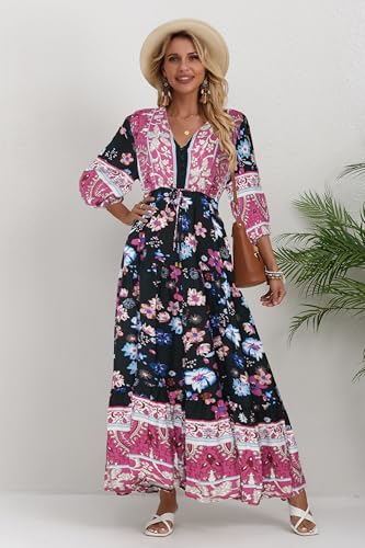 Image of Women Short Sleeve V Neck Floral Print Casual Bohemian Maxi Dresses