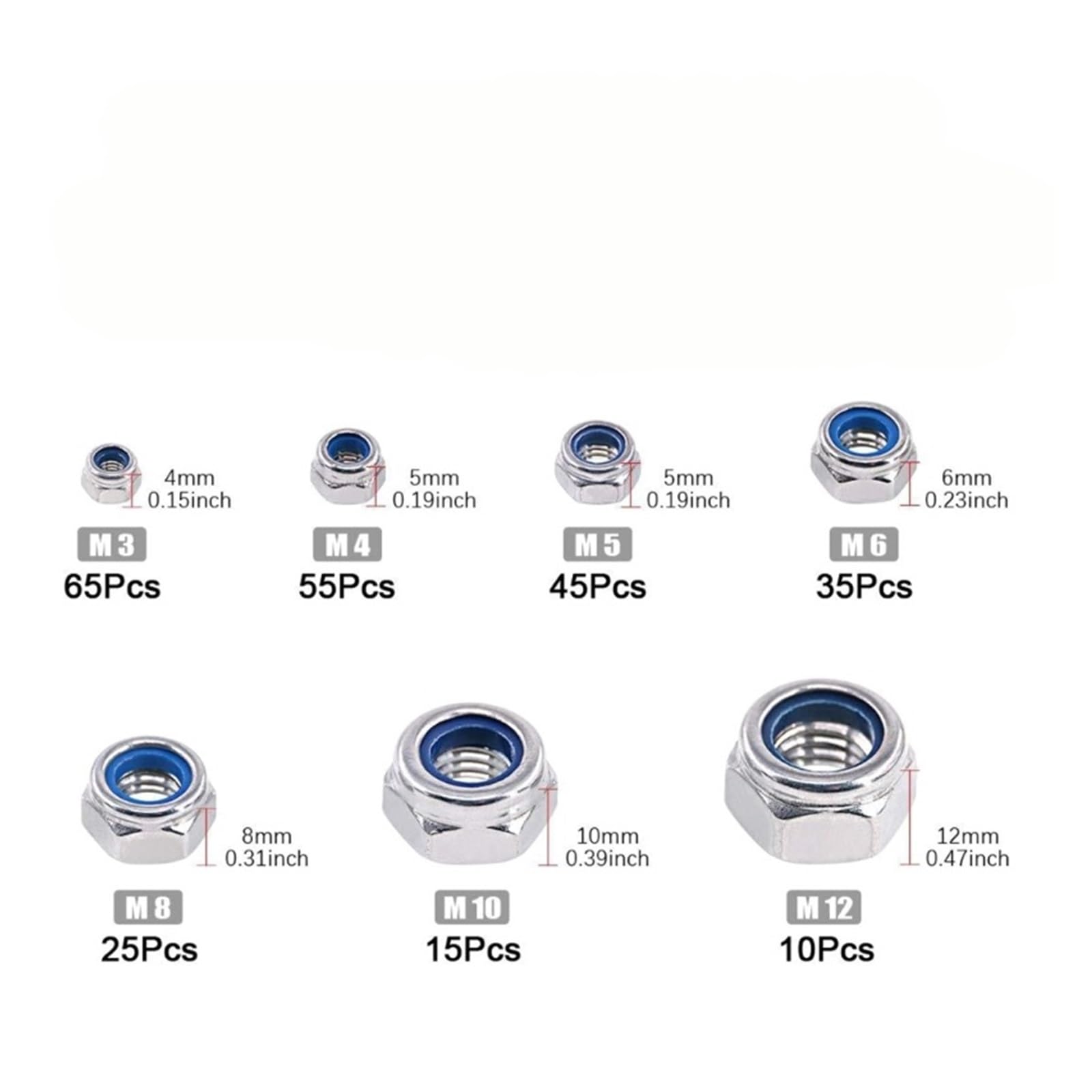 Surtido de 250 tuercas seguridad métricas 3/4/5/6/8/10/12 mm, con inserto nailon y hexagonales acero inoxidable