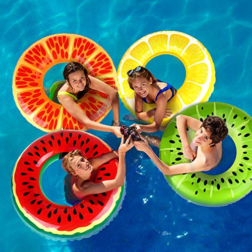 Adxco 4 Pieces Fruit Inflatable Pool Floats Swim Tubes Rings Beach Swimming Toys With 4 Pieces Inflatable Beach Ball And Pump For Beach Swimming Pool Party Favors, 29.5 Inches #TOP4