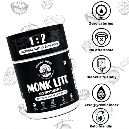 Image of PRITHVI PURE Monkfruit Sweetener Powder | Monk Fruit & Allulose | | No Erythritol | Zero-Calorie Sugar Substitute | MONKLITE 1:2 Sugar Replacer | Keto & Diabetic Friendly || 240gm