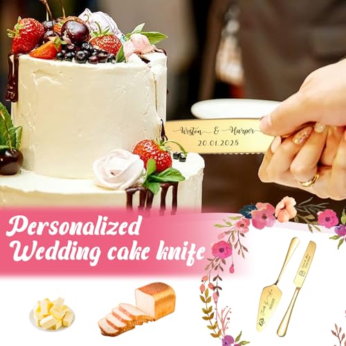 Personalized Cake Cutting Set for Wedding with Names Text Custom Cake Knife and Server Set for Newlyweds Weddings Anniversaries and Special Occasions (Gold) - Image 3