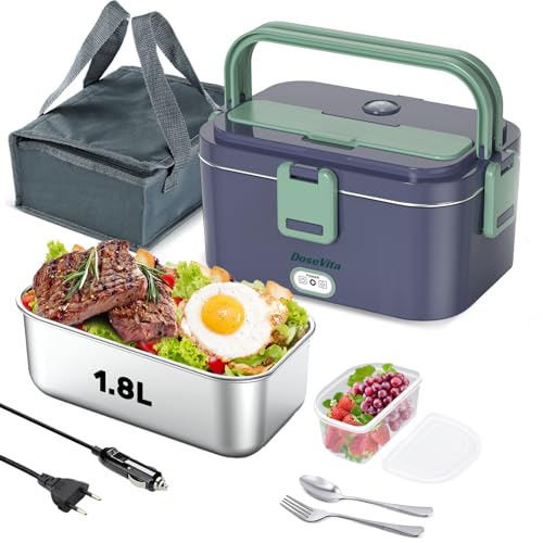 Dosevita Scaldavivande Elettrico Portatile con Display Temperatura Porta Pranzo Riscaldabile 80W Lunch Box Elettrico 1.8L Acciaio Inox Rimovibile 12V/24V/230V per Auto/Camion (Blu Zaffiro)