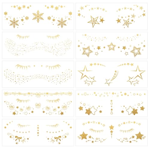 Glitter-Face-Tattoos-Temporary-for-Women-and-Girls-10-Sheets-Metallic-Gold-Eye-Makeup-Star-Freckle-Stickers-for-Fairy-Princess-Halloween-Costume-Christmas-NYE-Festival-Party-Favors