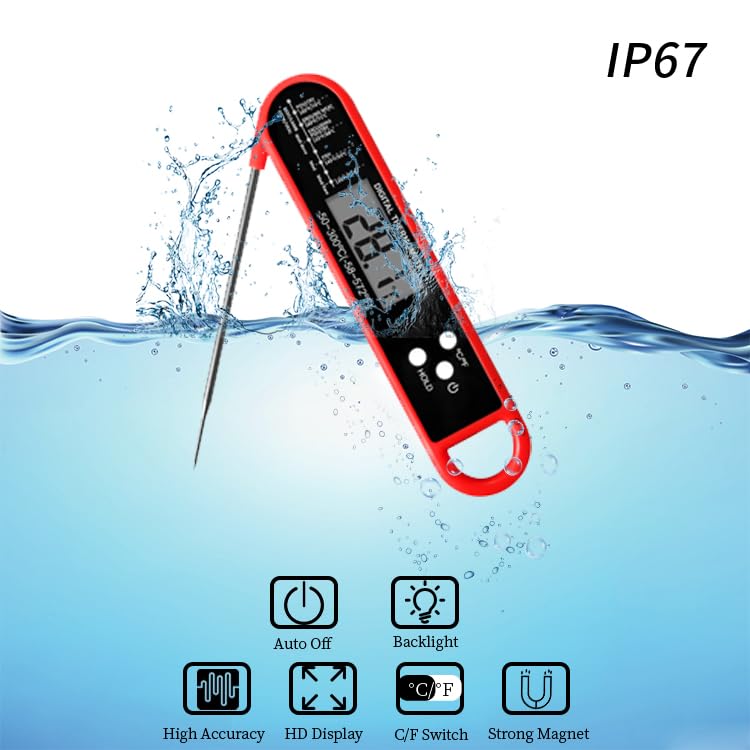 Digital Meat Thermometer for Cooking and Grilling, Instant Read Food Thermometer with IP67 Waterproof, Strong Magnet and Calibration-Professional Kitchen BBQ Probe for Turkey, Steak