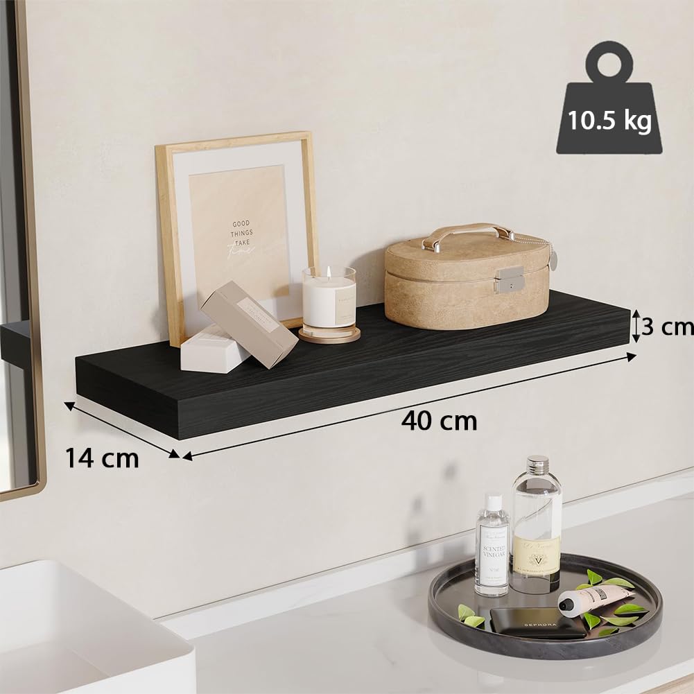 BAKAJI Lot de 4 étagères murales en Bois Massif, étagères murales Multi-usages avec Supports rétractables en métal, étagères pour Chambre à Coucher, Salon, Cuisine, Salle de Bain, 40 x 14 x 3 cm