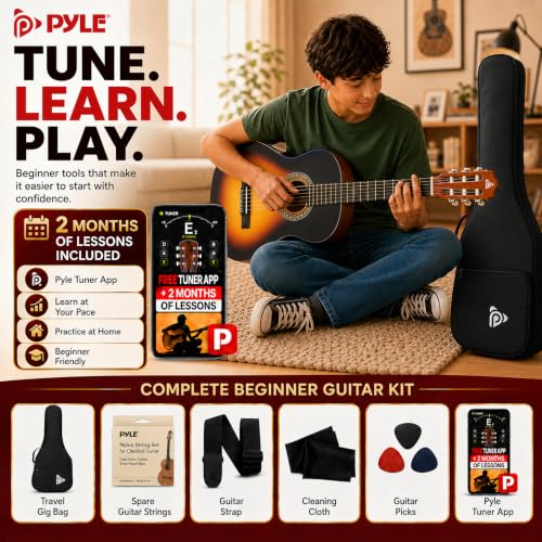 Image of Pyle Beginner Acoustic Guitar Kit, 1 /4 Junior Size All Wood Instrument for Kids, Adults, 30 inch Sunburst Teardrop Matte