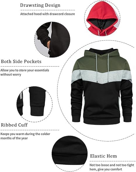 Men's Novelty Color Block Hoodie with Pocket Long Sleeve Pullover Fleece Casual Sweatshirt - Image 6
