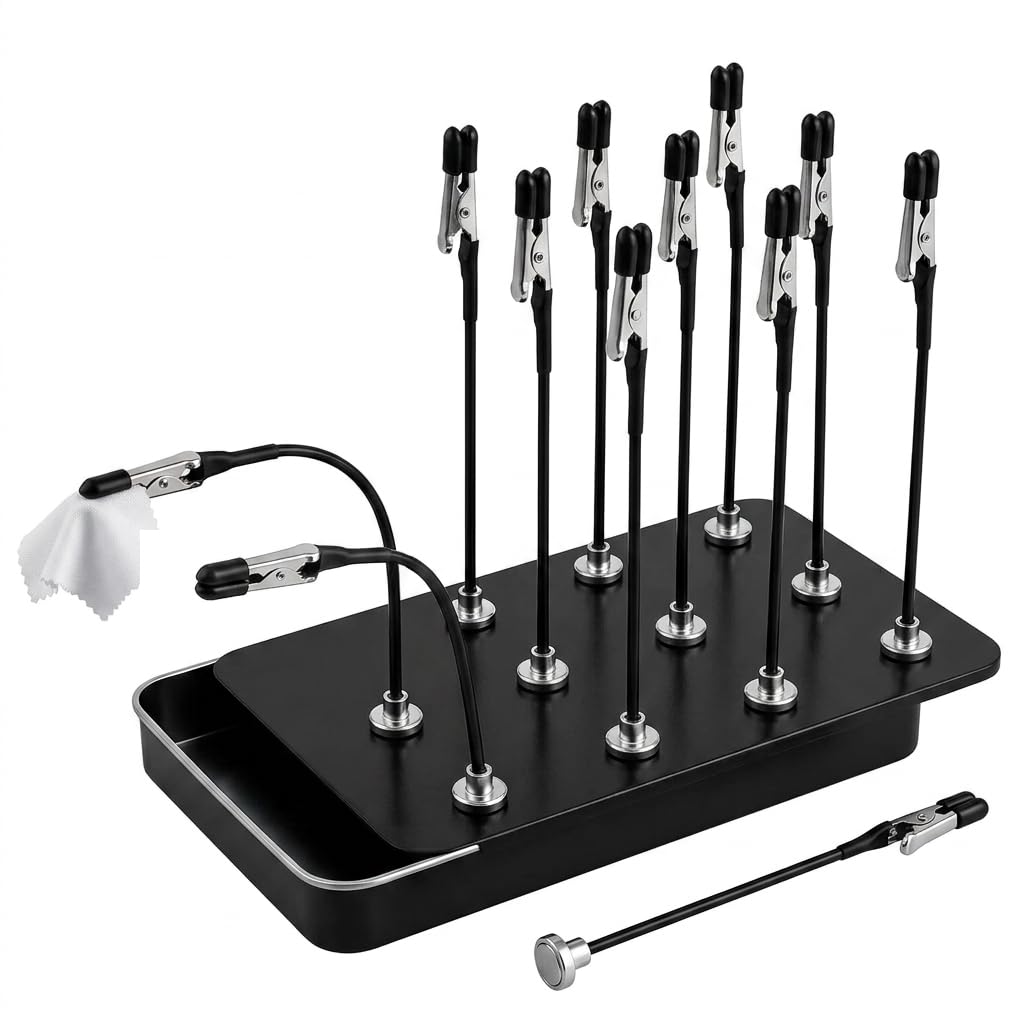 12 PCS Magnetic Bendable Alligator Clip Sticks Set with Black Metal Organizer Box, Flexible Crocodile Clips Stand Base Holder for Miniature Painting, Airbrushing, and Modeling Tools