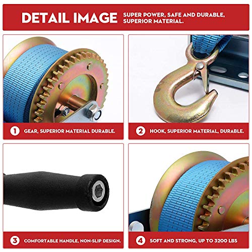 Bulletshaker 3200Lbs Polyester Strap 2 Gear Hand Winch Hand Crank Gear Winch Atv Boat Trailer #TOP3