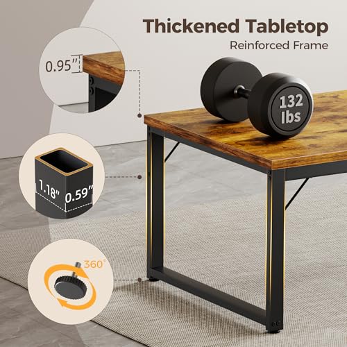 Image of 48 Inch Computer Desk, 1 inch Thick Small Office Table, Brown | Modern Simple Style, Heavy Duty Industrial Frame, Small Study & Writing Table for Home Bedroom Work