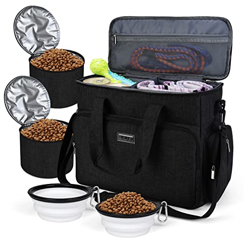 BAGLHER-Dog-Travel-Bag-Airline-Approved-Pet-Tote-Organizer-with-Multi-Function-Pockets-2-X-Food-Storage-Containers-and-2-X-Collapsible-Dog-Bowls-Perfect-Weekend-Pet-Travel-Set-for-Dog-Cat-Black BAGLHER Dog Travel Bag Airline Approved Pet Tote Organizer with Multi Function Pockets 2 X Food Storage Containers and 2 X Collapsible Dog Bowls Perfect Weekend Pet Travel Set for Dog Cat Black