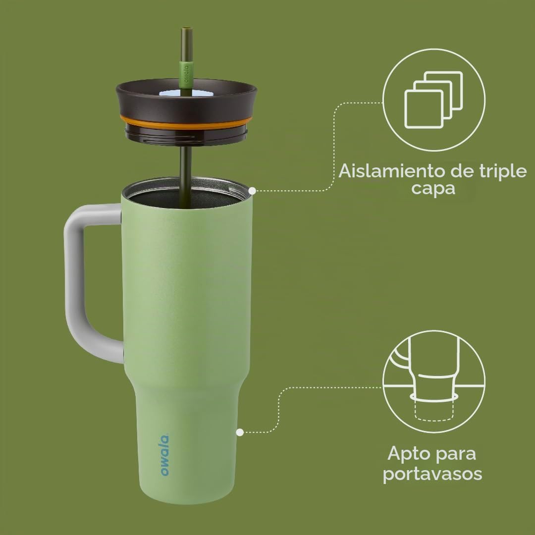 Owala Stainless Steel Insulated Travel Tumbler, 1.18 L - Vaso térmico en acero inoxidable con pajita y mango, tapa resistente a derrames, para los viajes y el aire libre, Brave Adventure