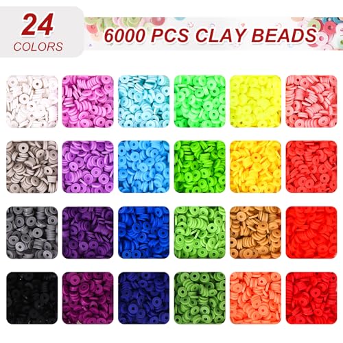 QUEFE-6500pcs-Clay-Beads-24-Colors-Polymer-Heishi-Beads-for-Jewelry-Making-Flat-Preppy-Beads-for-Friendship-Bracelets-Making-Kit-with-Charms-and-Elastic-Strings