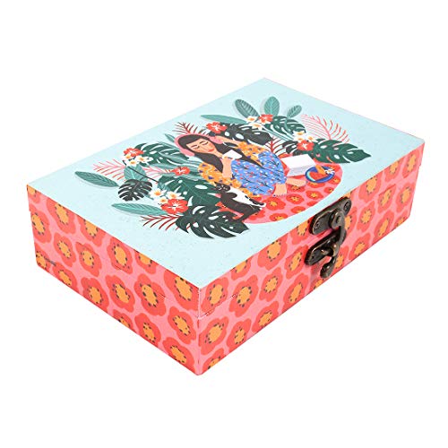 Chumbak Relaxed Afternoon Engineered Wood Jewellery Box for Women | Red Printed Keepsake & Trinket Organiser | Secure Clasp Closure | Boho Wooden Gift