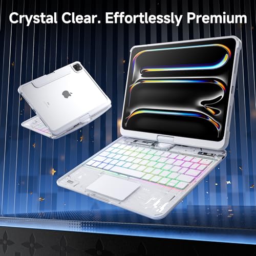 Image of Clear Wireless Keyboard Case for iPad Pro 13 Inch M5 /M4 2025 /2024 with Pencil Holder & Multi-Touch Trackpad, Visible PCB High-Tech Style, 3-Brightness & 7-Color Backlight, 360 Rotatable,White