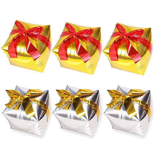 KALOR 6 Pcs 18 Inch Gold Silver Red Cube Gift Box Balloons, Christmas Mylar Balloons, Christmas Balloons for Christmas Party Decorations New Years Eve Party Supplies 2024