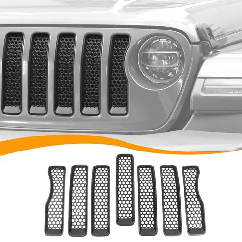Image of Hoolcar Front Grill Insert Cover Trim Kit Compatible with Jeep Wrangler JL JLU 2018-2024 2025 Front Honeycomb Grille Cover Guard Exterior Accessories, Matte Black, 7 PCs