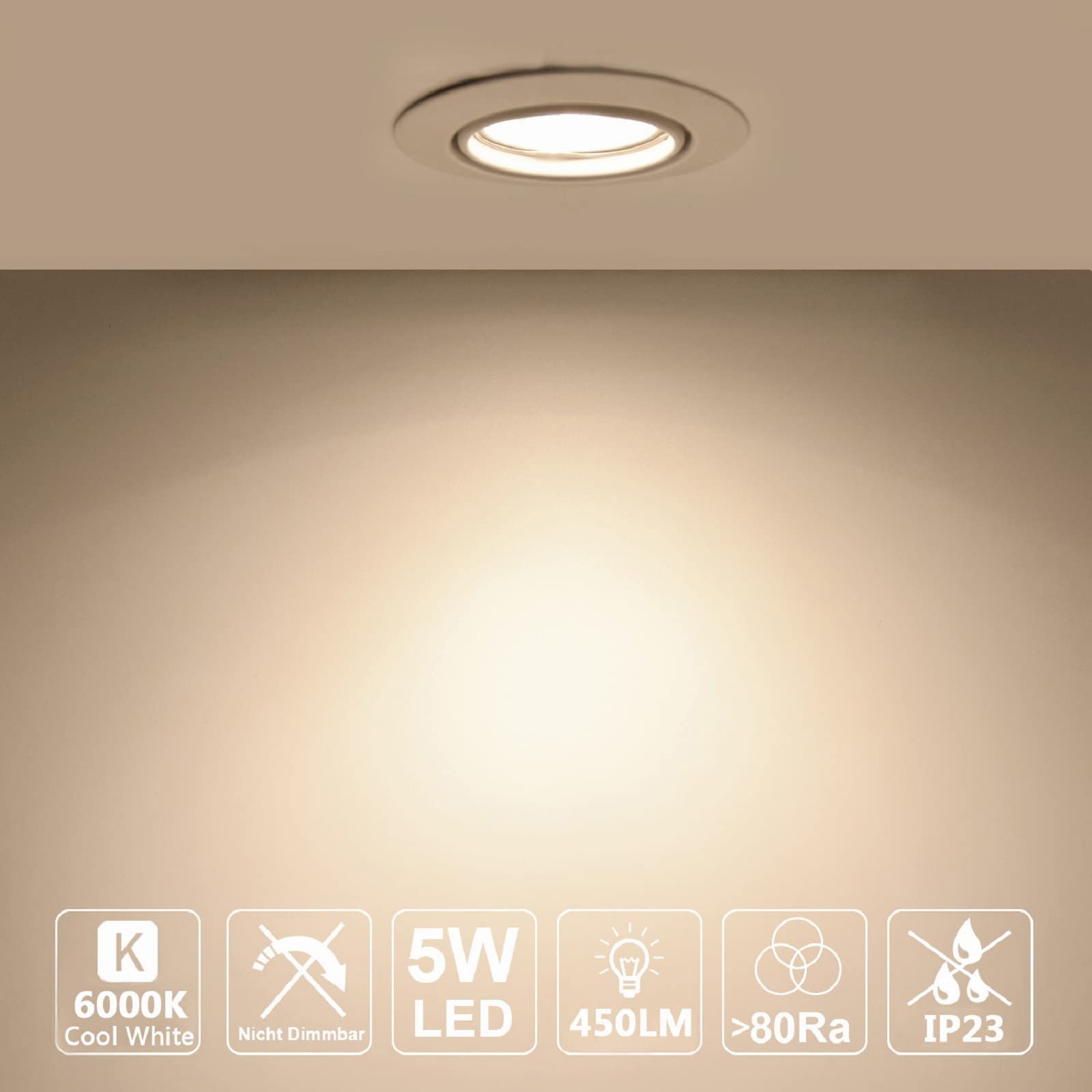 Juego de 4 focos empotrables LED focos empotrables, Ultra plana 28mm Foco 450lm Luz de techo blanco frío, giratorio de acero inoxidable cepillado techo Spot Ronda para Cocina Dormitorio Sala de estar