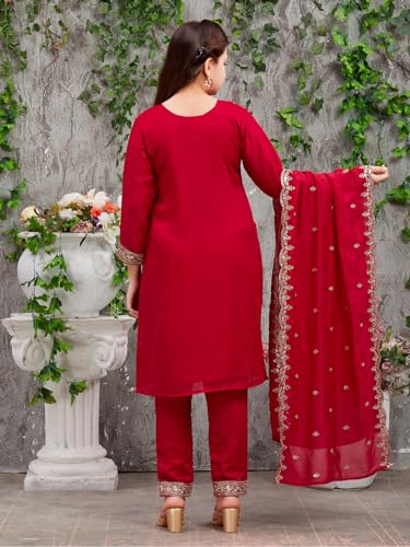 Image of Aarika Girls Dark Green Colour Zari Thread Sequin Embroidery Silk Kurti Pant Set