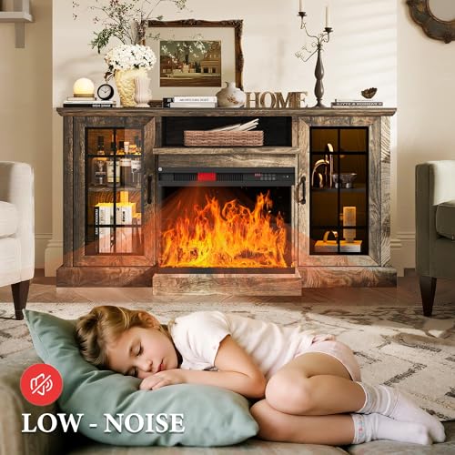 Image of MXV 59'' Fireplace TV Stand, Farmhouse Entertainment Center with 3 Sided Glass TV Stand, Modern Media Console Table with Storage Drawers & Cabinets with LED Flame and Lights for Living Room, Gray